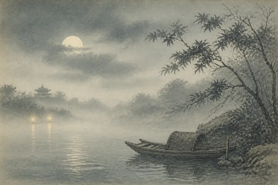 月夜江畔的客船与远处寺楼